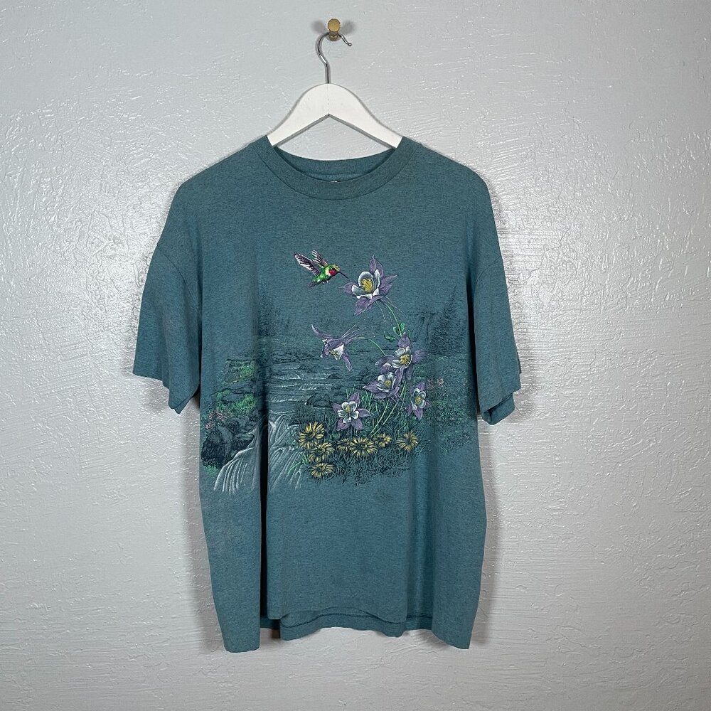 Vintage Signal Sport Unisex XL Blue Lake George Shirt Floral Hummingbird